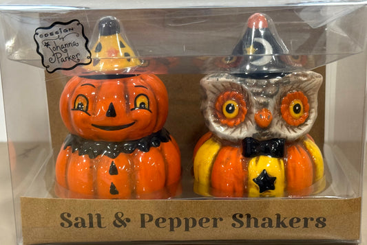 New Joanna Parker ceramic salt and pepper fall shaker set -pumpkin/owl