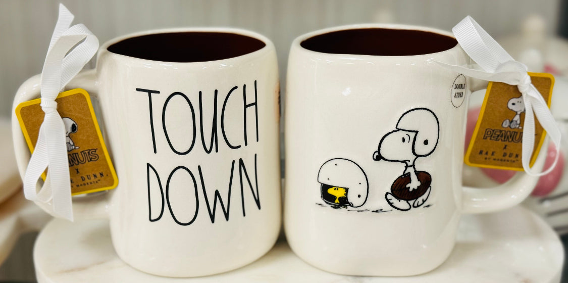 New Rae Dunn x Peanuts Snoopy ceramic football coffee mug decor TOUCHDOWN