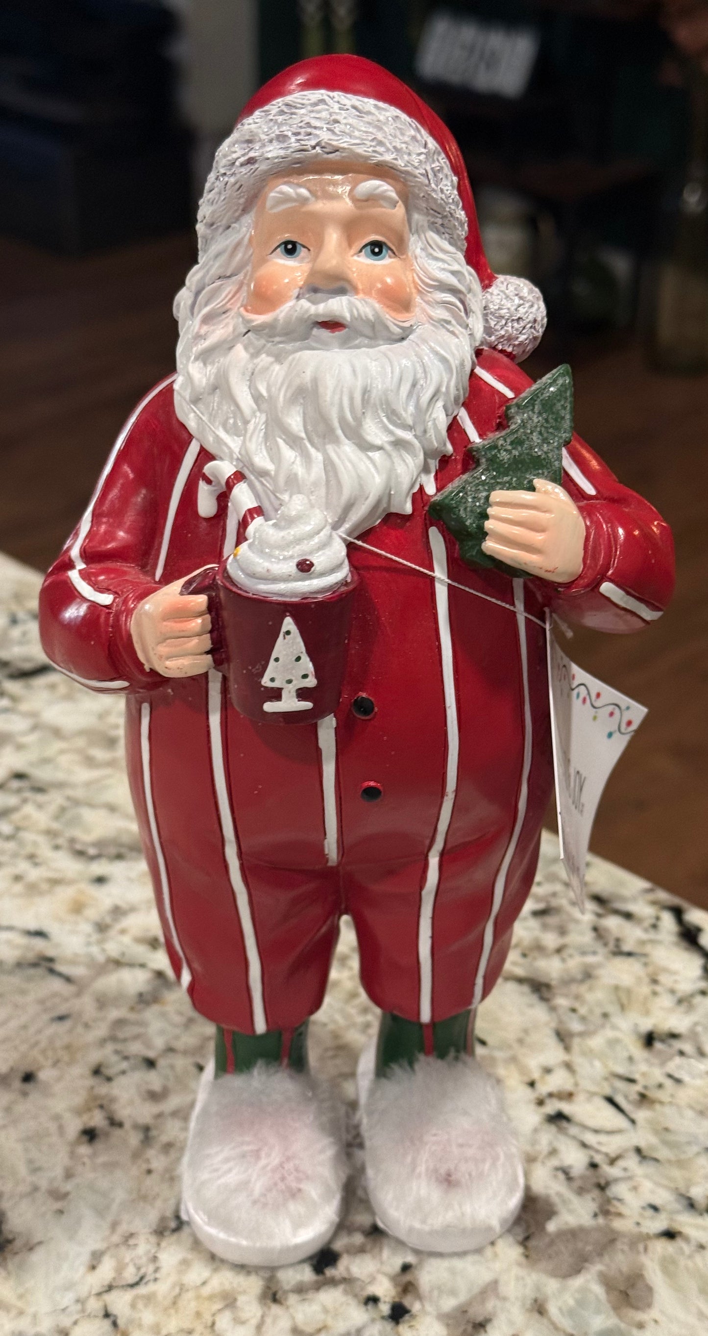 New Christmas striped pajama Santa with fur slippers, mug 8”