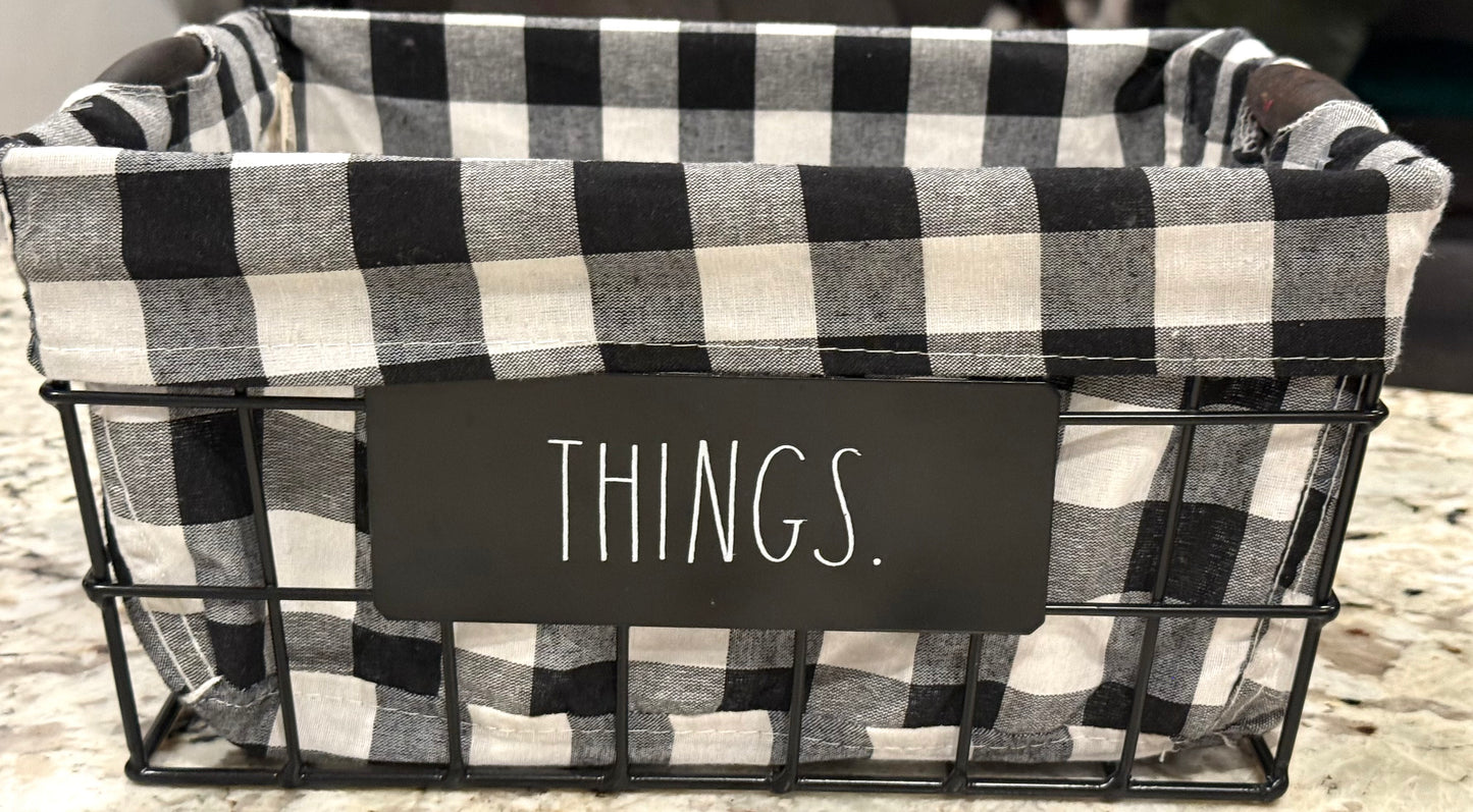 New Rae Dunn checked 12x8.5 THINGS metal basket with liner