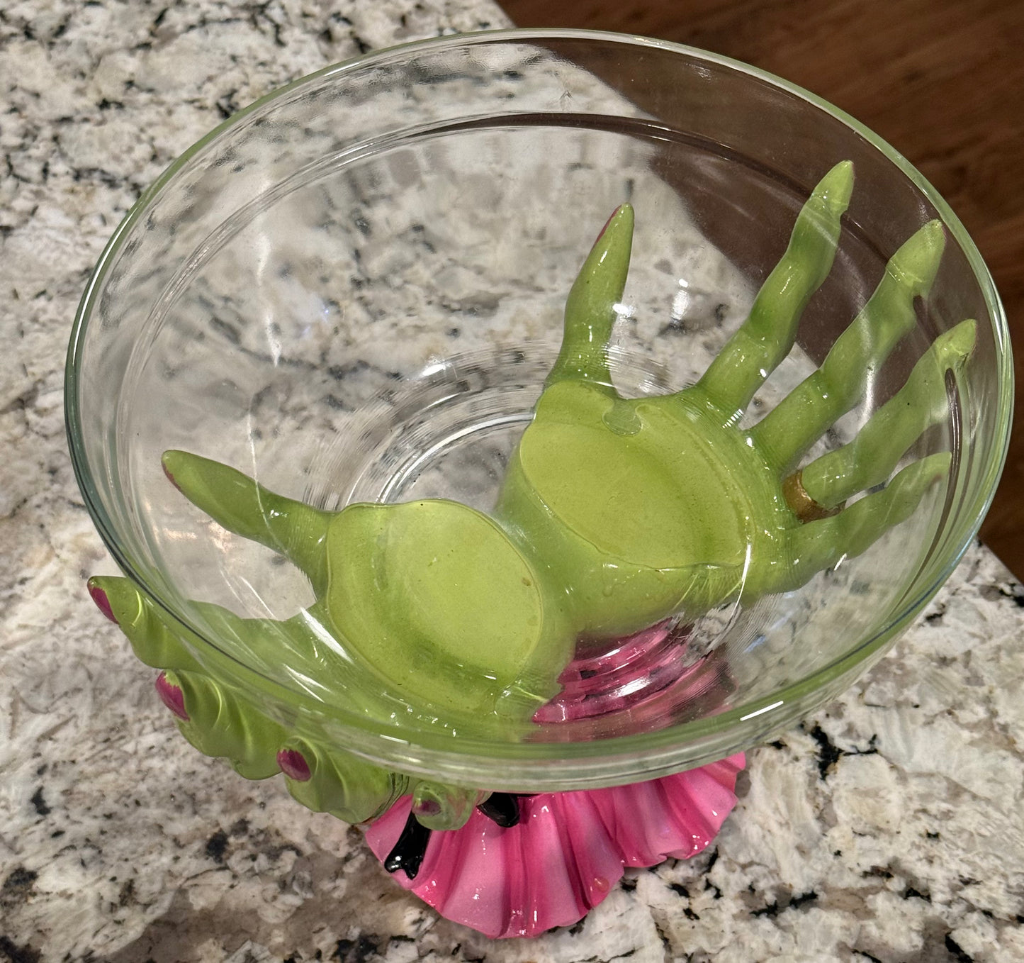 New large glass pink and green witches hands Halloween candy bowl
