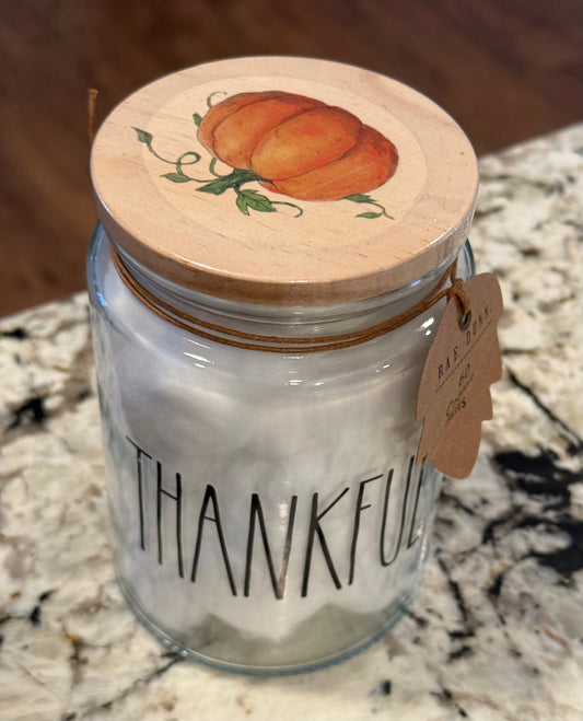 New Rae Dunn clear glass apothecary jar cotton balls THANKFUL