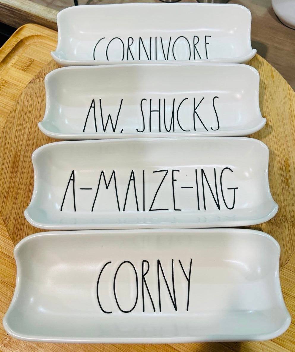 New Rae Dunn white ceramic corn on the cob funny tray holders CORNY, CORNIVORE, A-MAIZING, AW SHUCKS