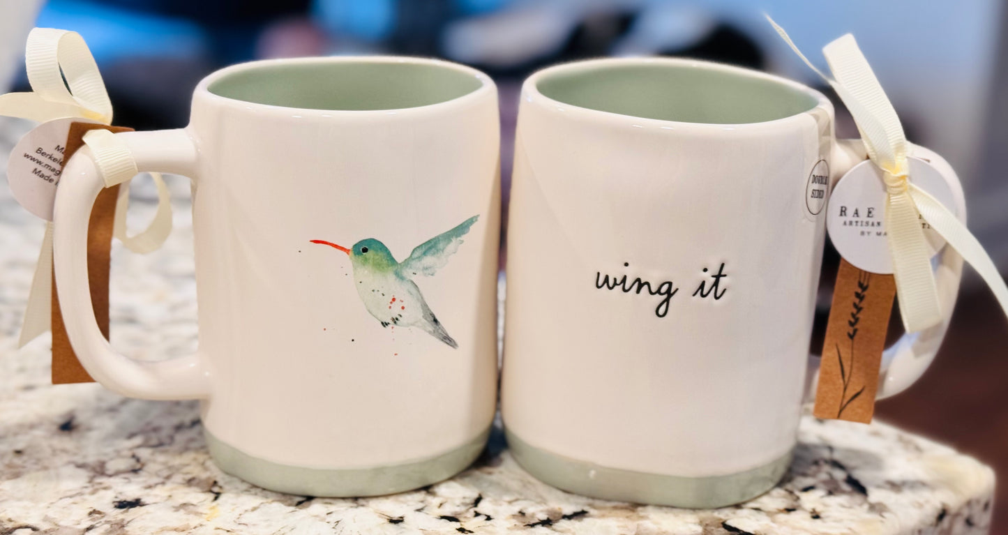 New Rae Dunn white ceramic bird print coffee mug WING IT