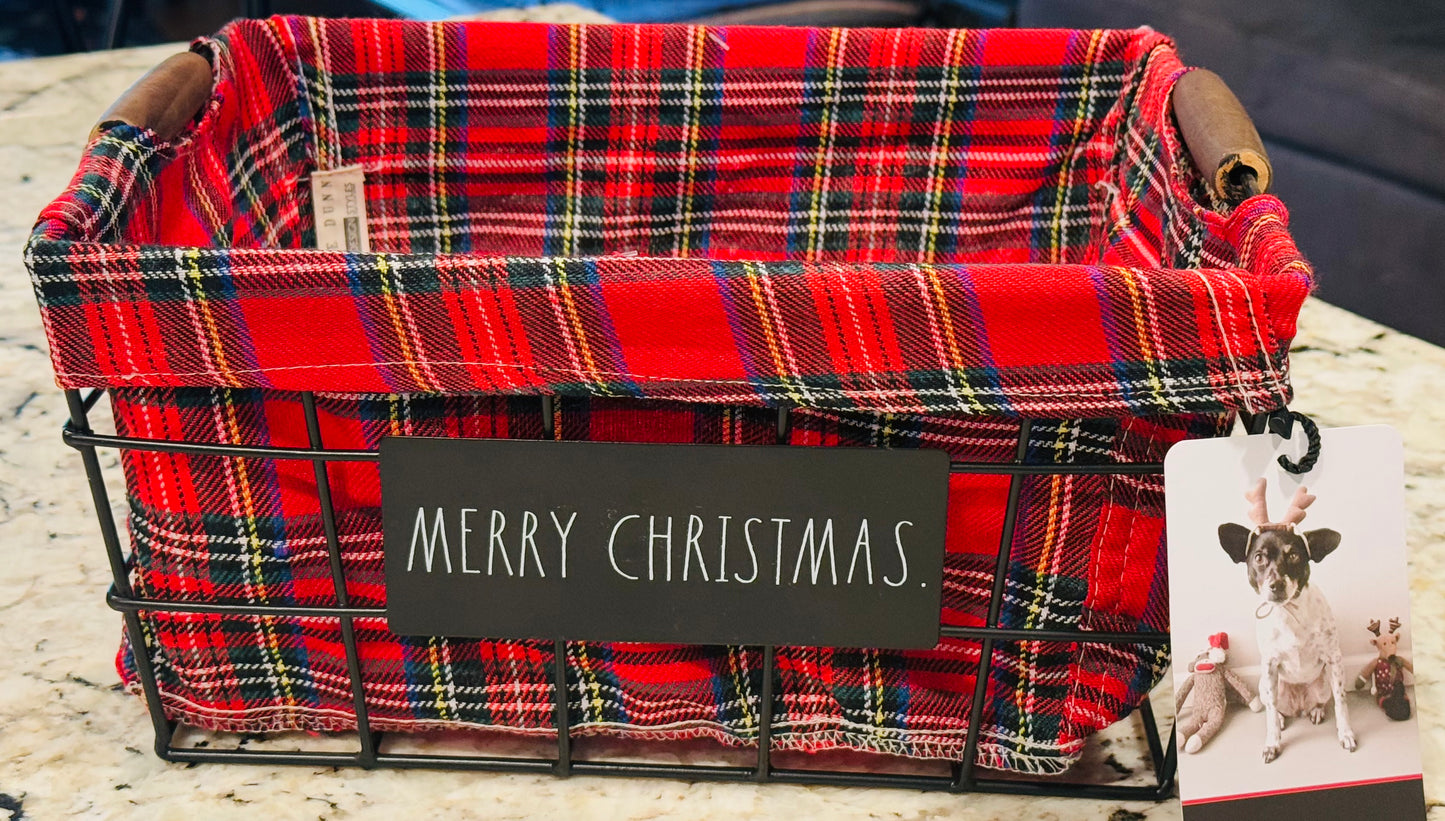 New Rae Dunn plaid tartan insert MERRY CHRISTMAS Metal Storage basket