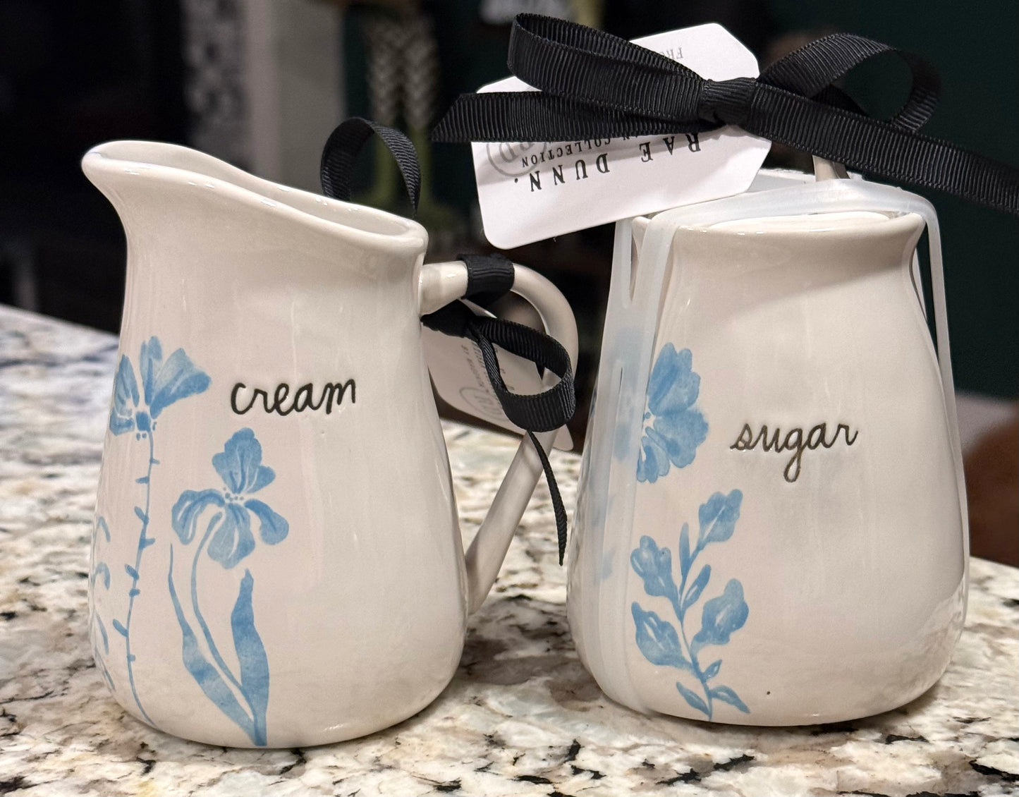 New Rae Dunn light blue floral ceramic CREAM & SUGAR set