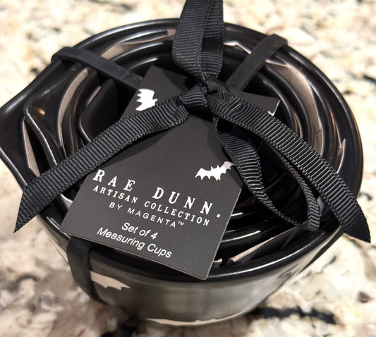 New Rae Dunn black ceramic bat print Halloween measuring cup set