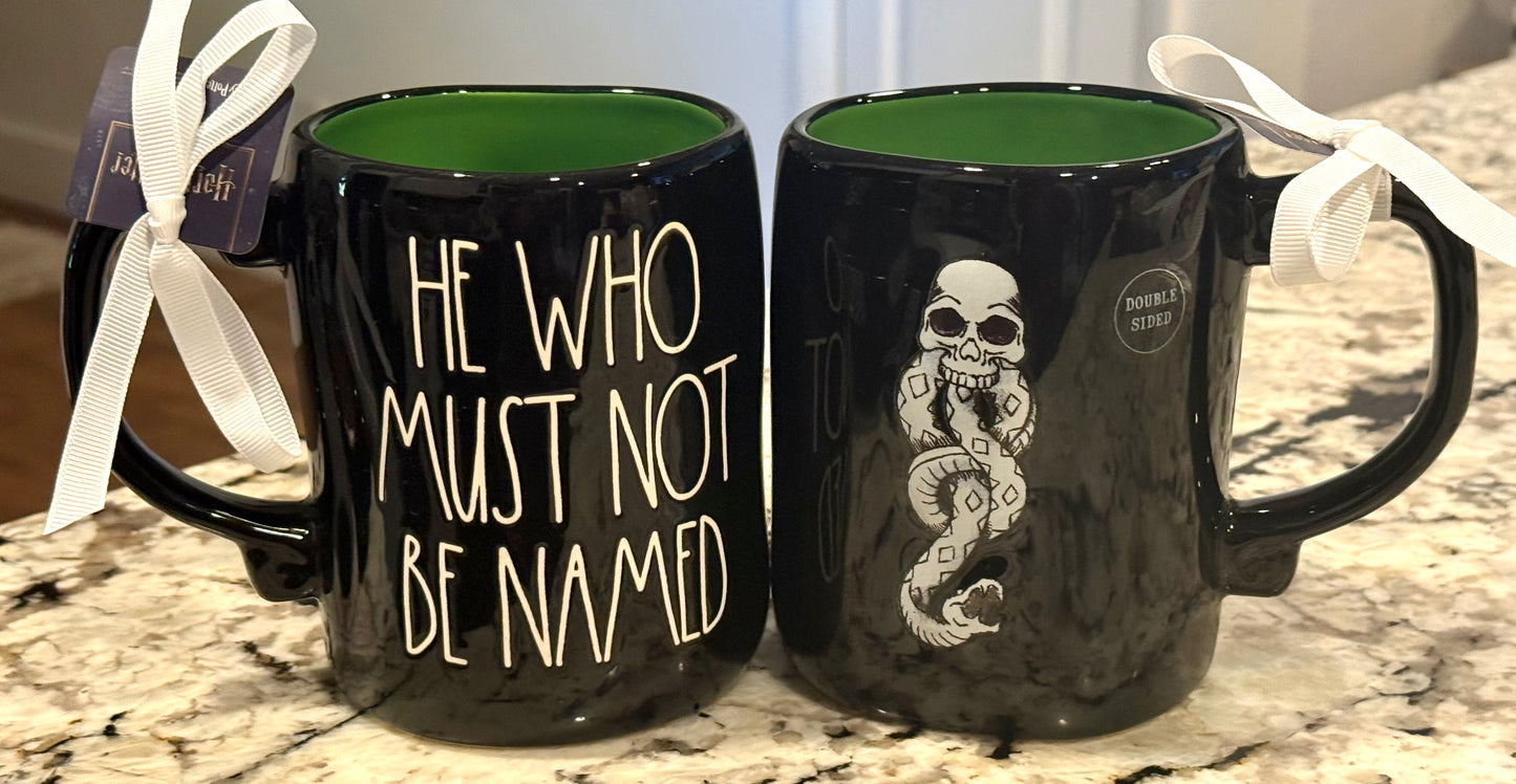 New Rae Dunn black iridescent ceramic Harry Potter coffee mug HE WHO MUST NOT BE NAMED