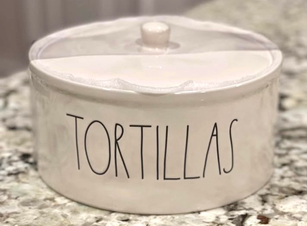 New Rae Dunn white ceramic TORTILLAS covered holder