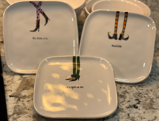 New Rae Dunn ceramic Halloween 3-piece ceramic square plate set Witches Legs Collection THE WITCH IS IN & I PUT A SPELL IN YOU & BEWITCHING