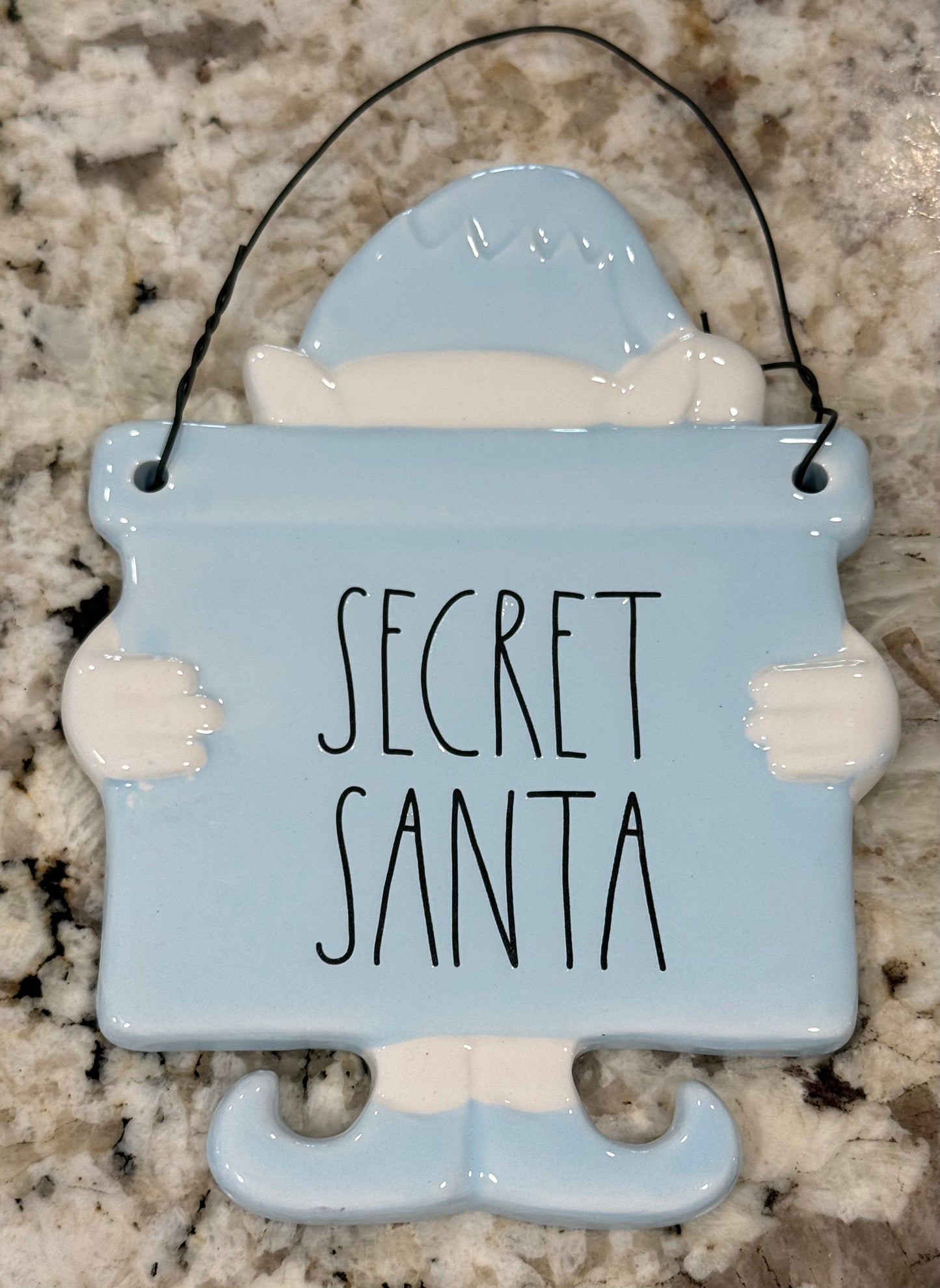 New Rae Dunn blue ceramic hanging wall sign SECRET SANTA elf