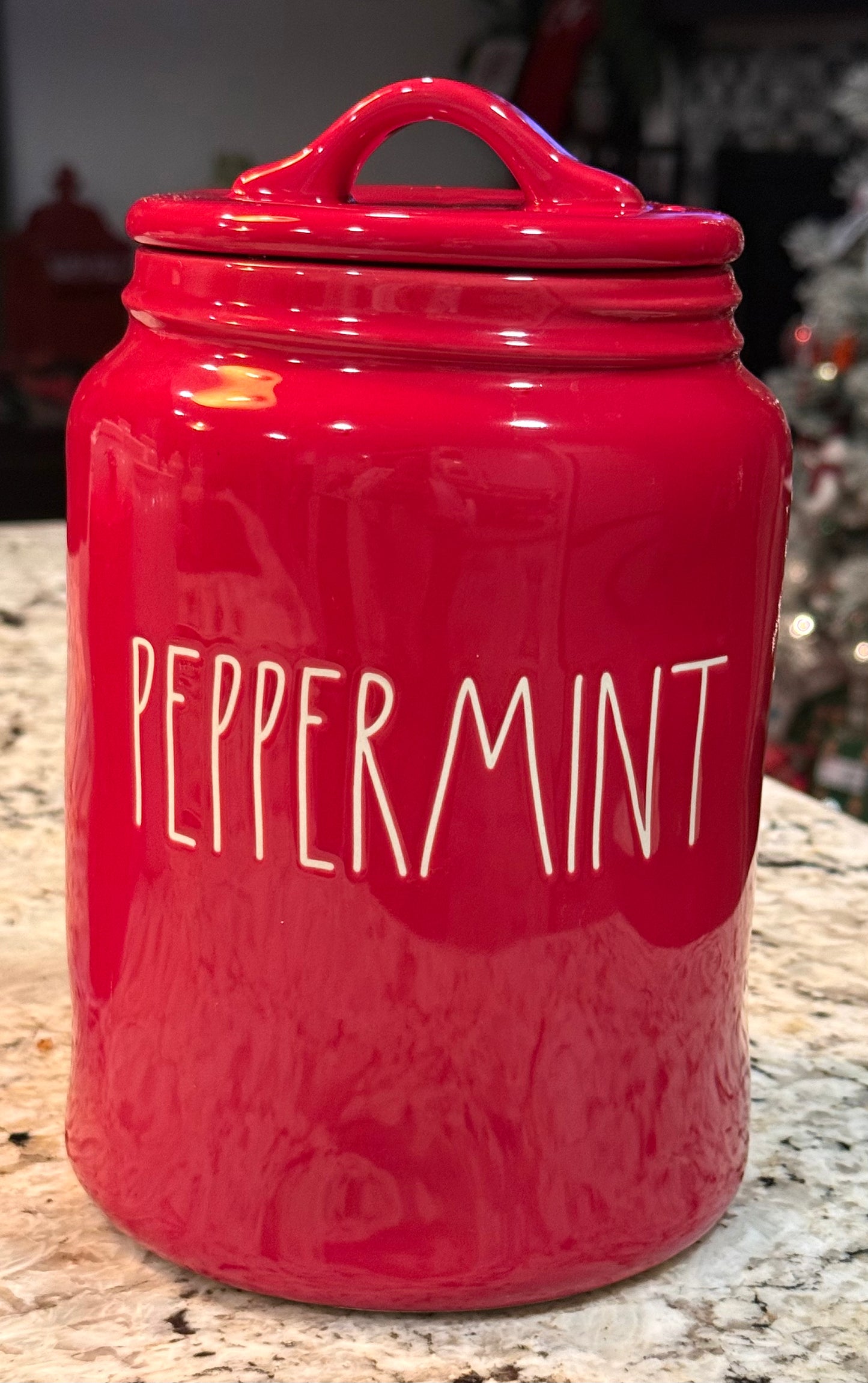 New Rae Dunn red ceramic PEPPERMINT Christmas canister 9”