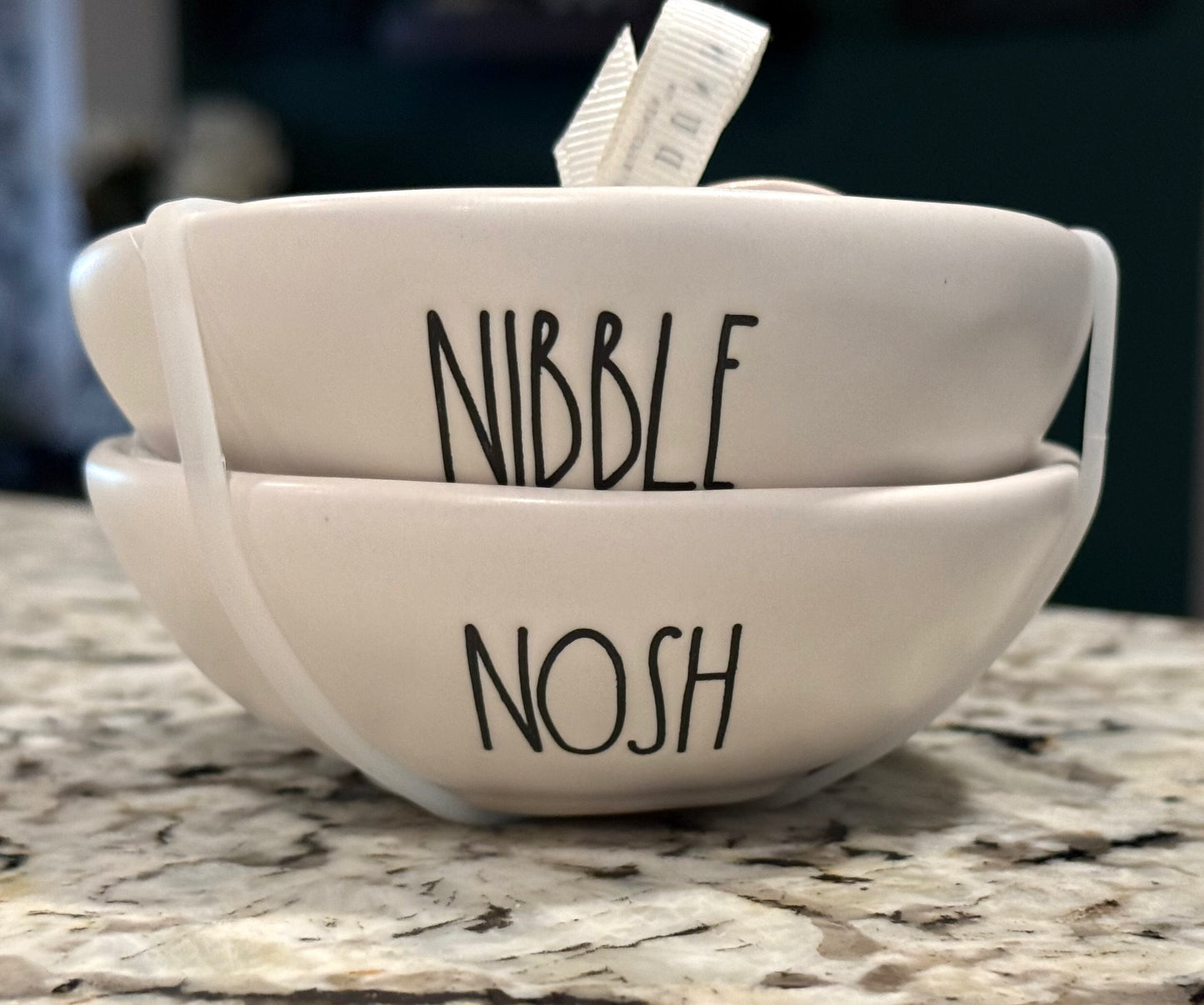 New Rae Dunn white ceramic NIBBLE/NOSH dip bowl set