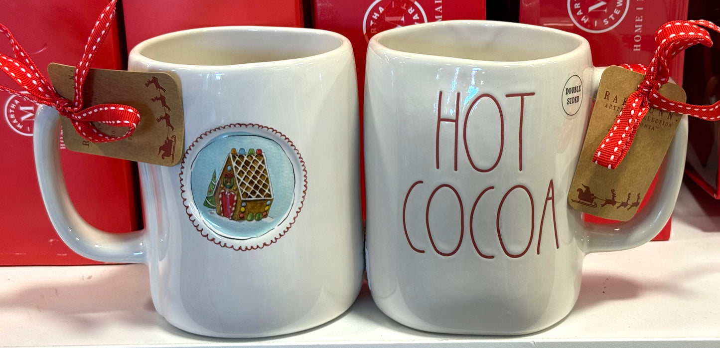 New Rae Dunn white ceramic HOT COCOA gingerbread house on back Christmas coffee mug