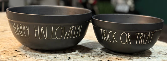 Rae Dunn ceramic matte black Halloween bowl set HAPPY HALLOWEEN & TRICK OR TREAT