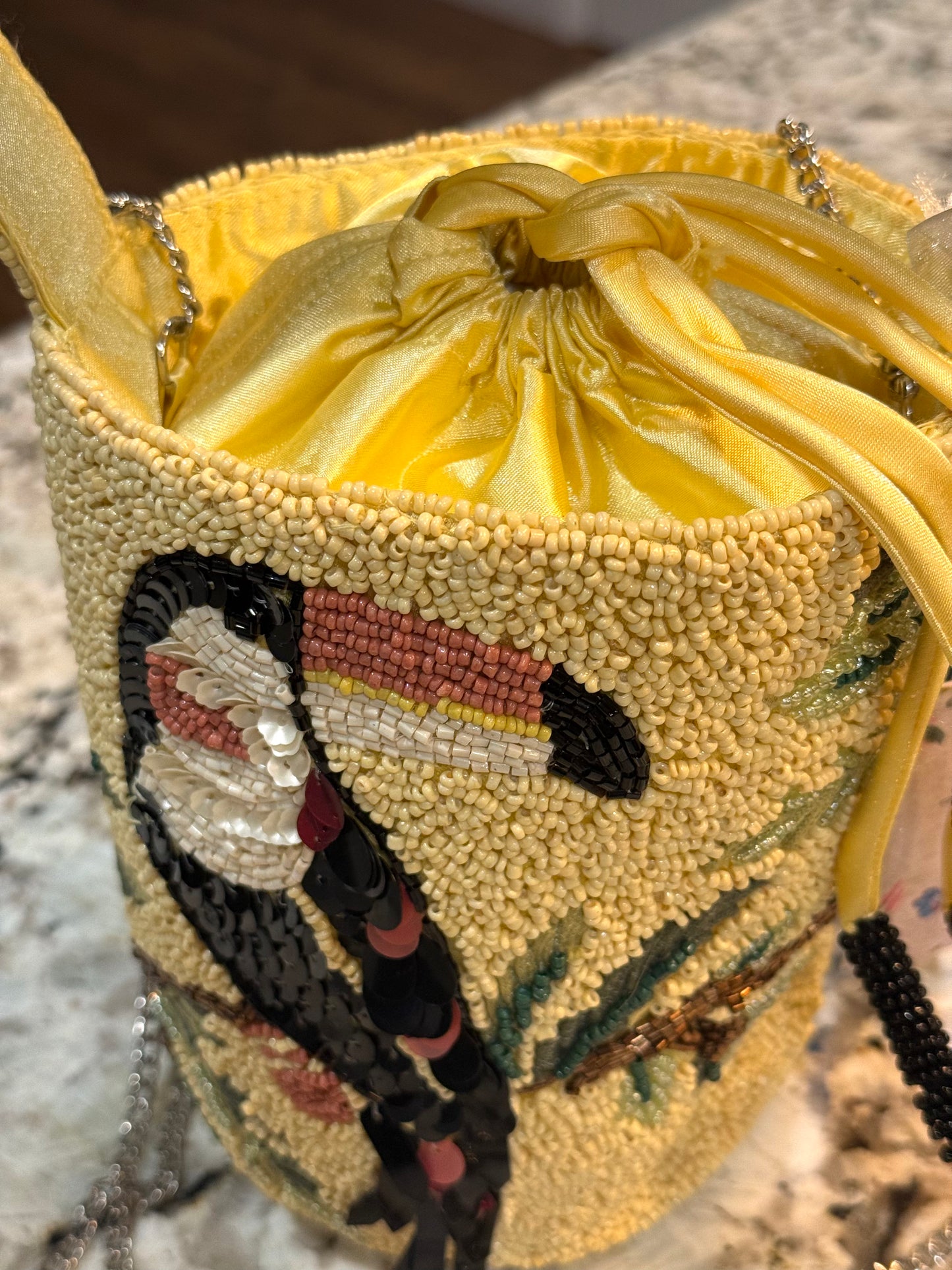 New Made In India yellow beaded Tucan drawstring satin interior tote/purse, crossbody chain strap