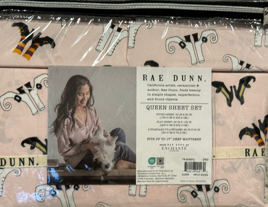 New Rae Dunn pink witches feet Halloween QUEEN sheet set