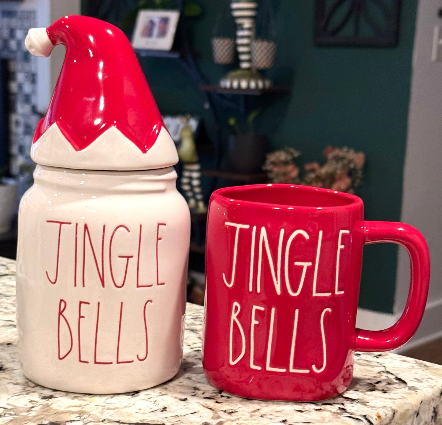 Rae Dunn ceramic JINGLE BELLS 2-piece canister & mug set