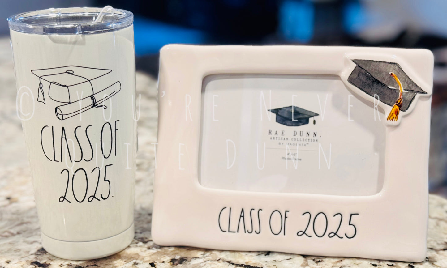 New Rae Dunn ceramic 4x6 insert photo frame & 17oz stainless travel cup CLASS OF 2025