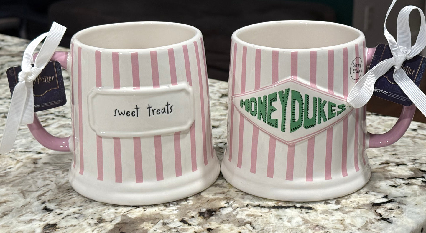 New Rae Dunn x Harry Potter ceramic pink striped coffee mug MONEY DUKES/SWEET TREATS