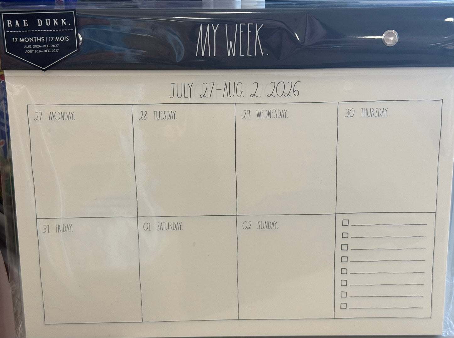 New Rae Dunn 8x10 weekly 2026-2027 black MY WEEK tear off calendar