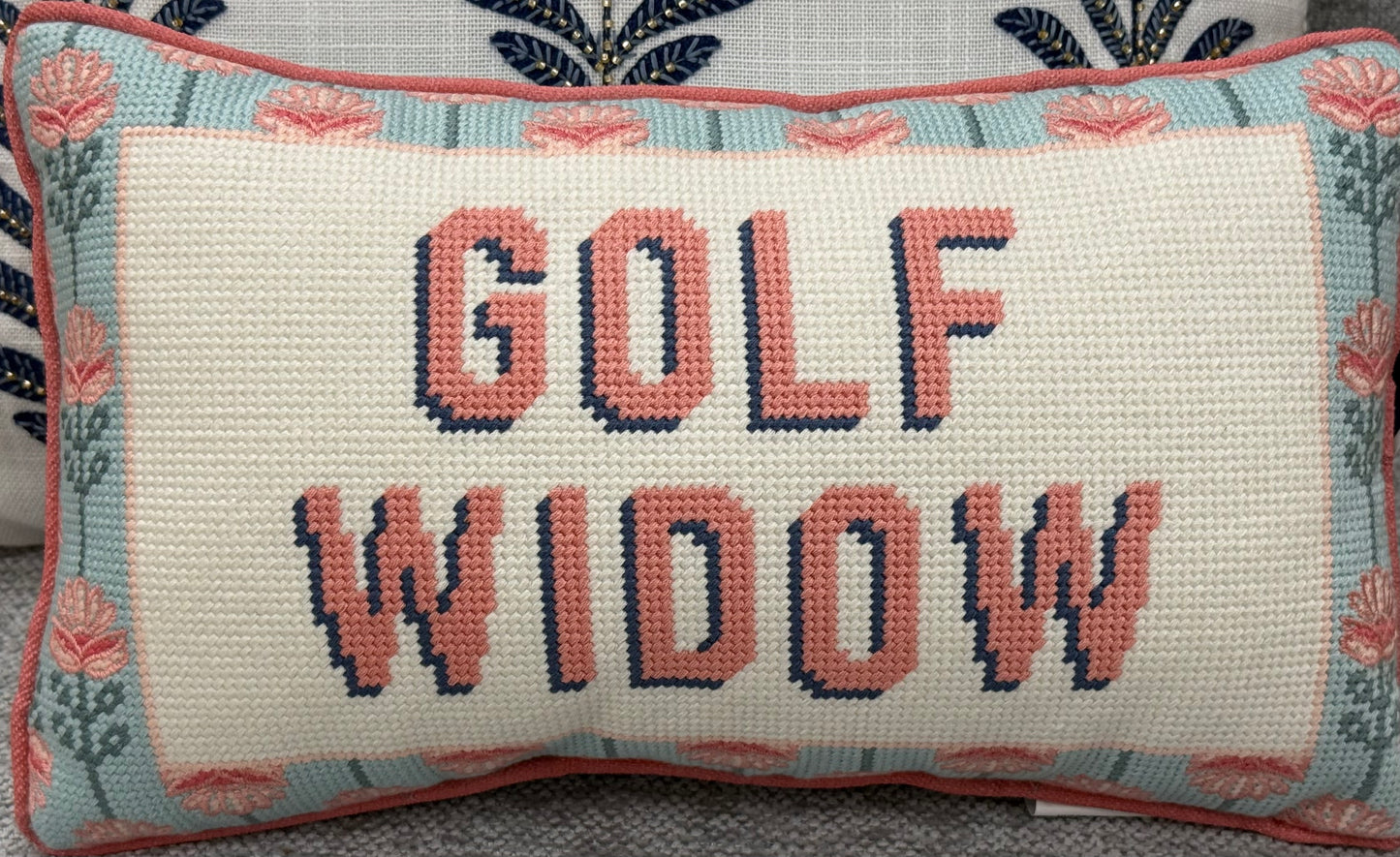 New pink needle point throw pillow 9x15 GOLF WIDOW