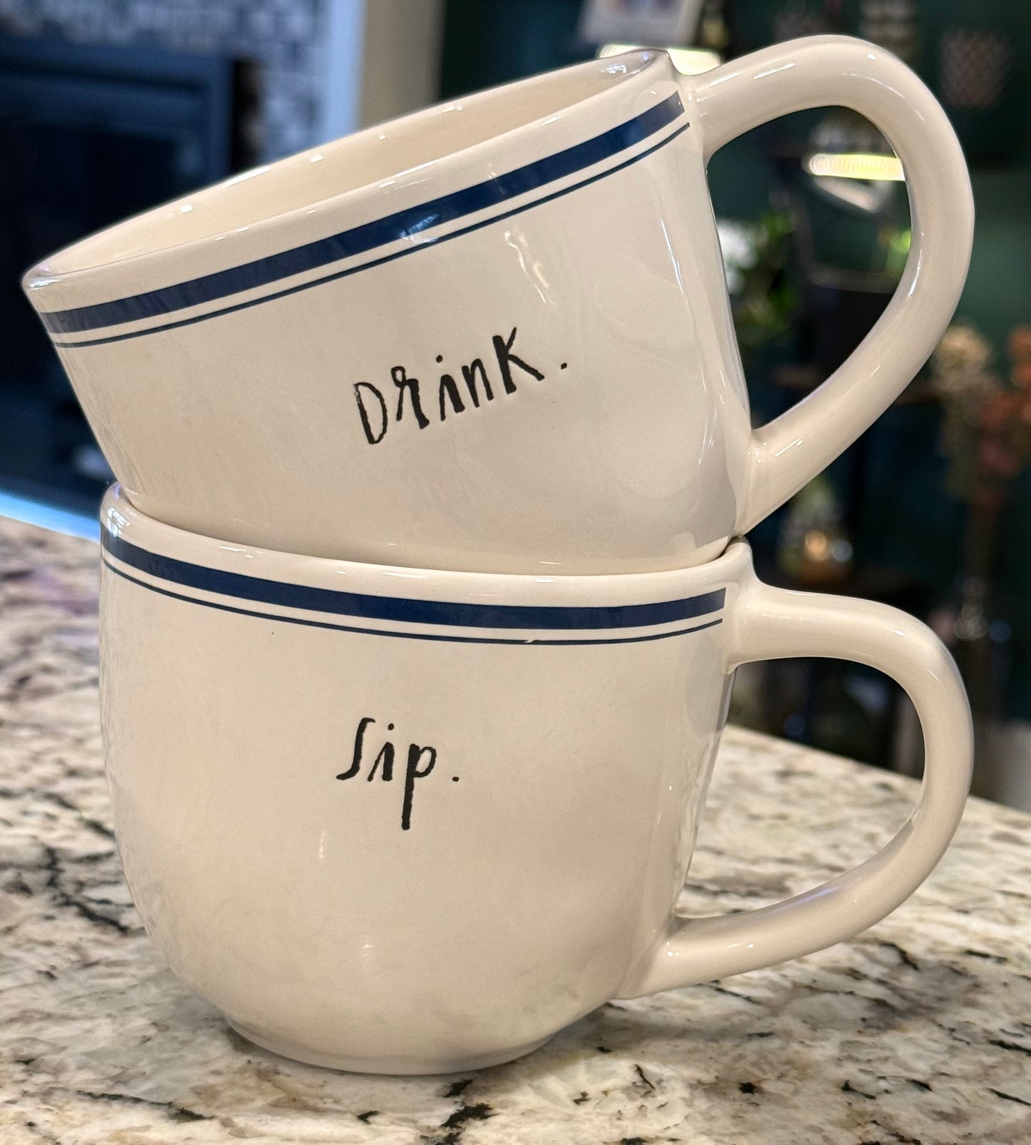 Rae Dunn vintage Blue Line ceramic 2-piece mug set SIP/DRINK