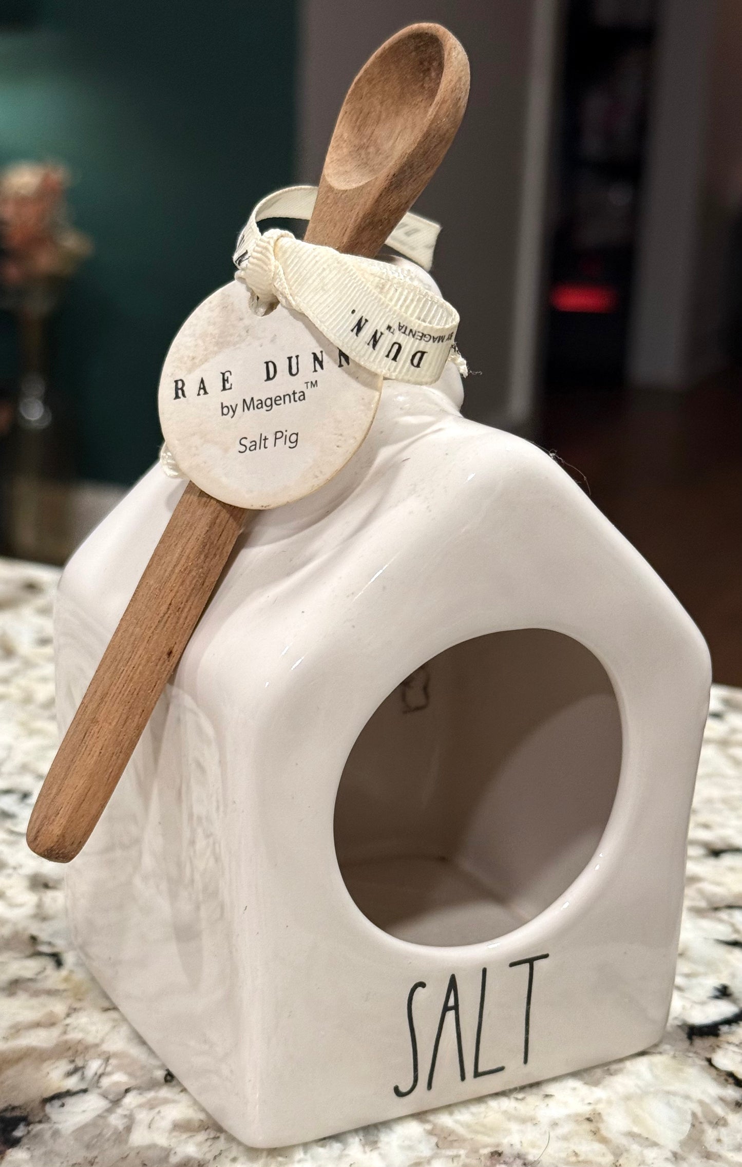 New Rae Dunn white ceramic SALT pig storage with wood spoon