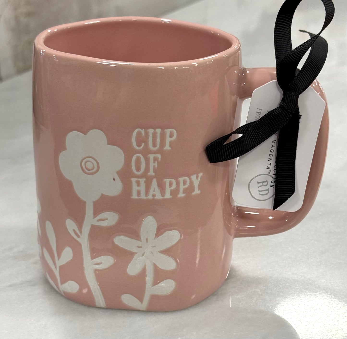 New release Rae Dunn white ceramic coffee mug CUP OF HAPPY pink floral