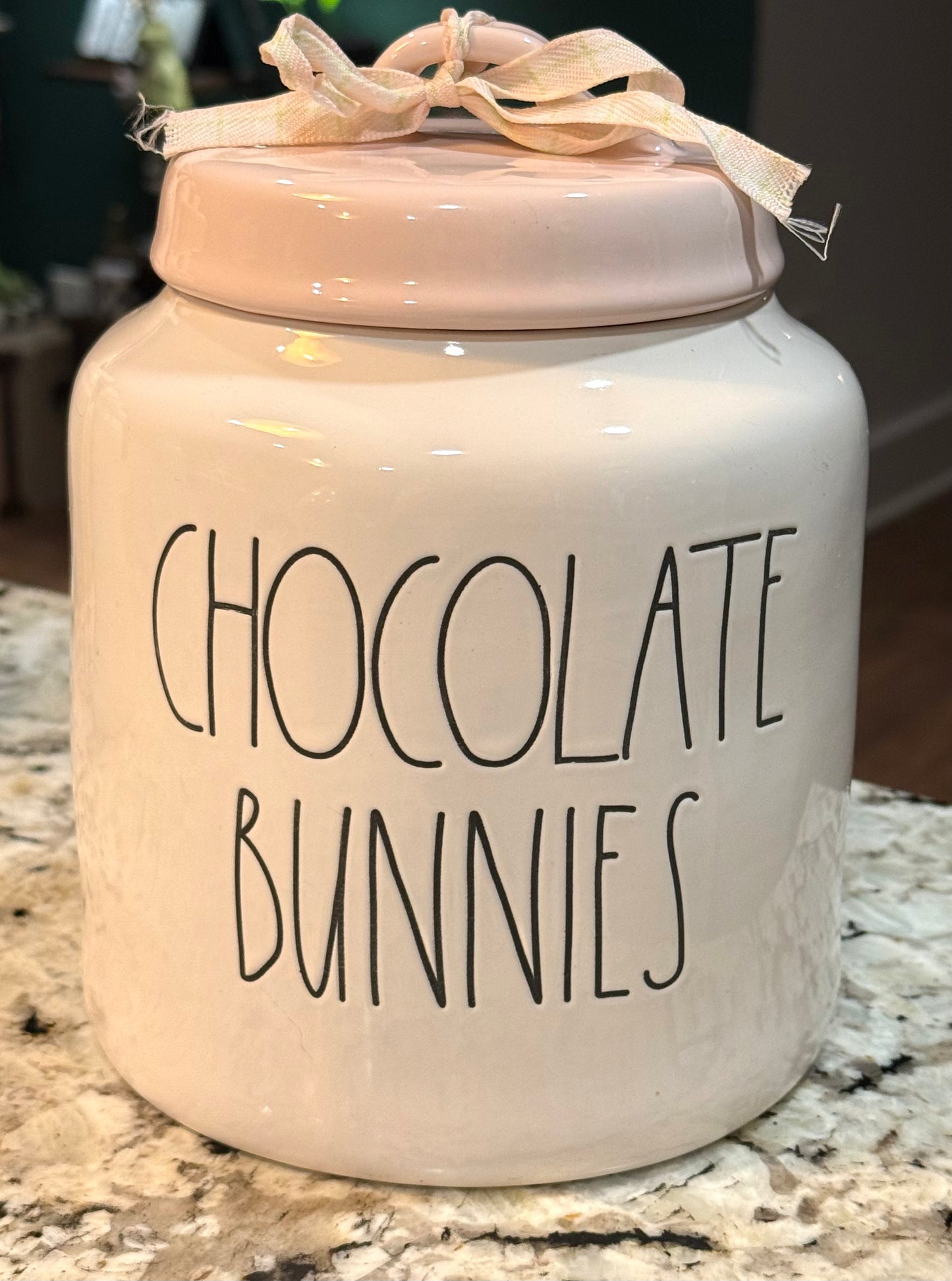 New Rae Dunn white Easter canister 8” pink lid CHOCOLATE BUNNIES