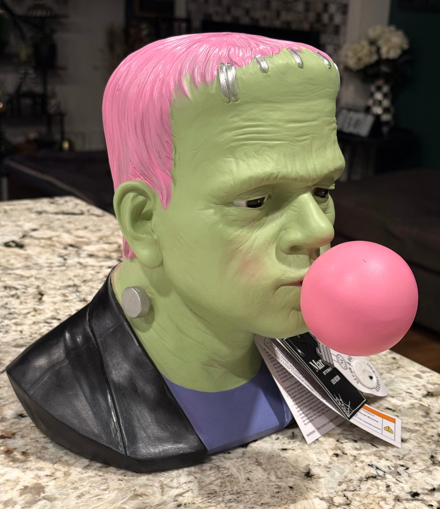 New led light up pink haired Frankenstein bubble blowing Halloween decor