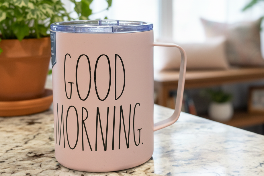 New Rae Dunn pink stainless tumbler GOOD MORNING 12oz
