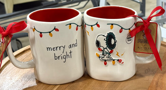 New Rae Dunn x Peanuts Snoopy ceramic Christmas mug MERRY AND BRIGHT