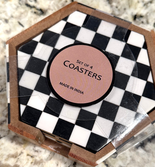 New Courtly Check ceramic black & white checkered Made in India 4-piece coaster set