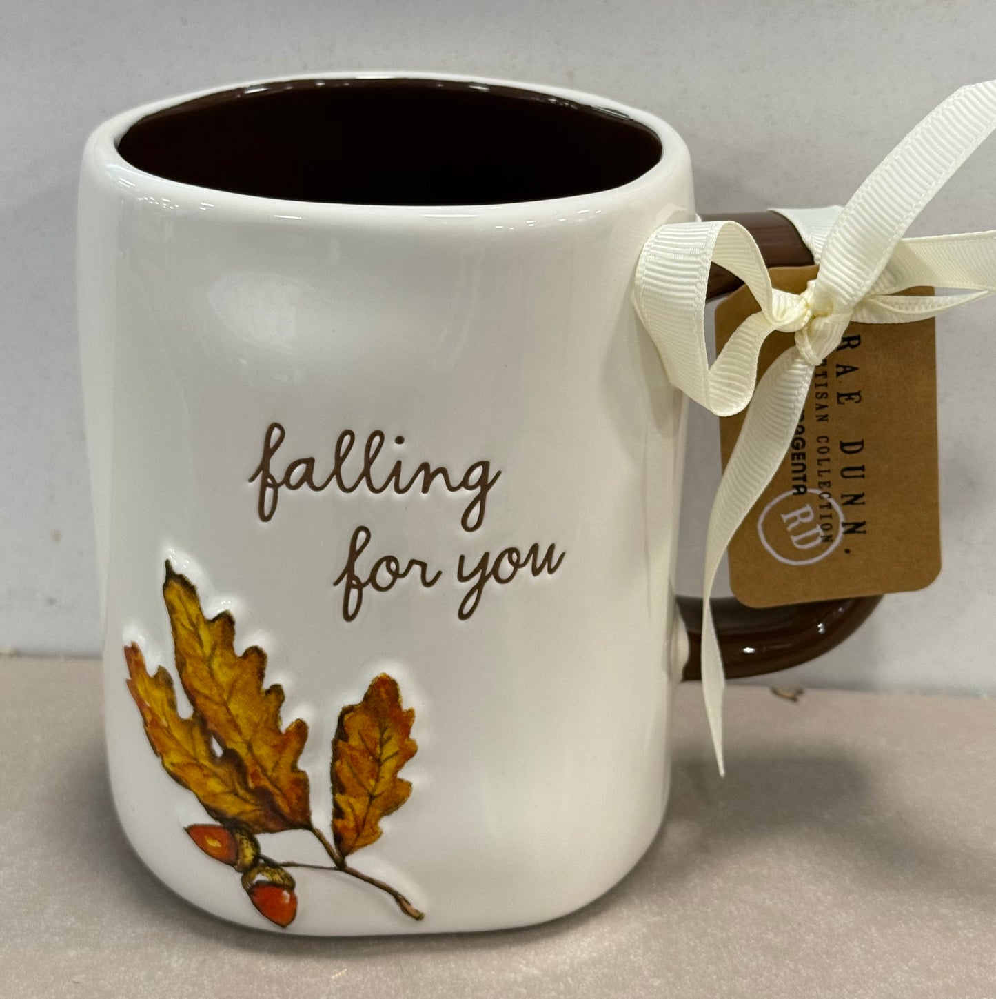 New Rae Dunn white ceramic leaf coffee mug FALLING FOR YOU