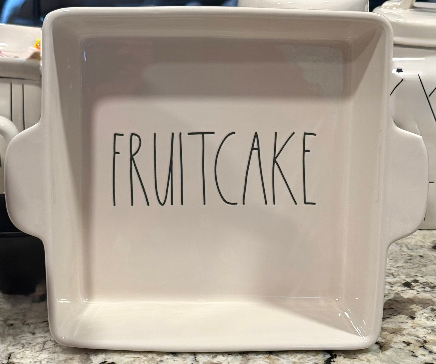 New Rae Dunn white ceramic Christmas 10x10 baking dish pan FRUITCAKE