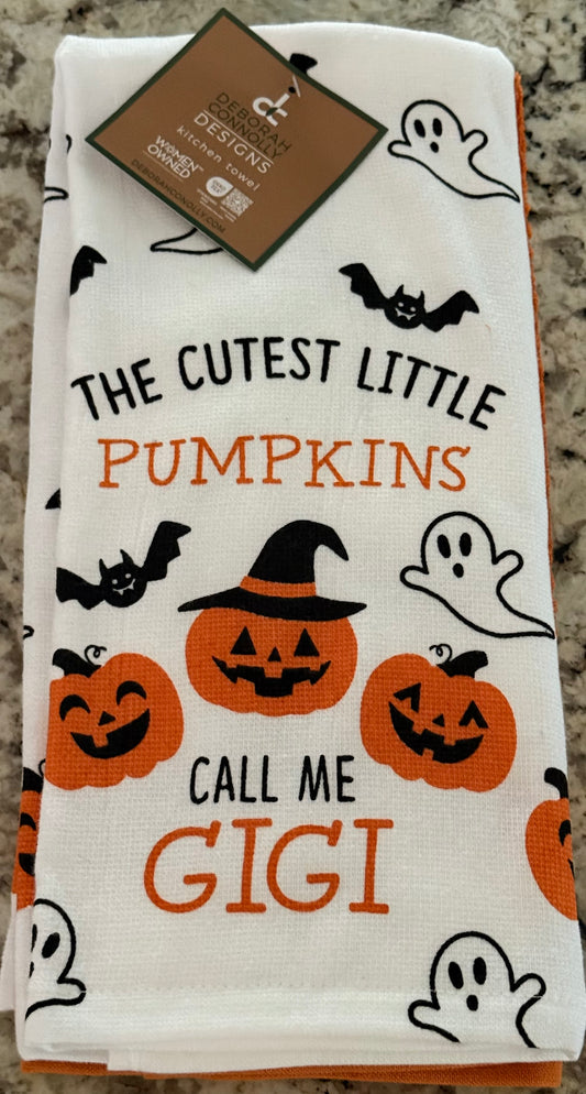 New 3-piece Deborah Connollly Designs THE CUTEST LITTLE PUMPKINS CALL ME GIGI halloween kitchen towel set