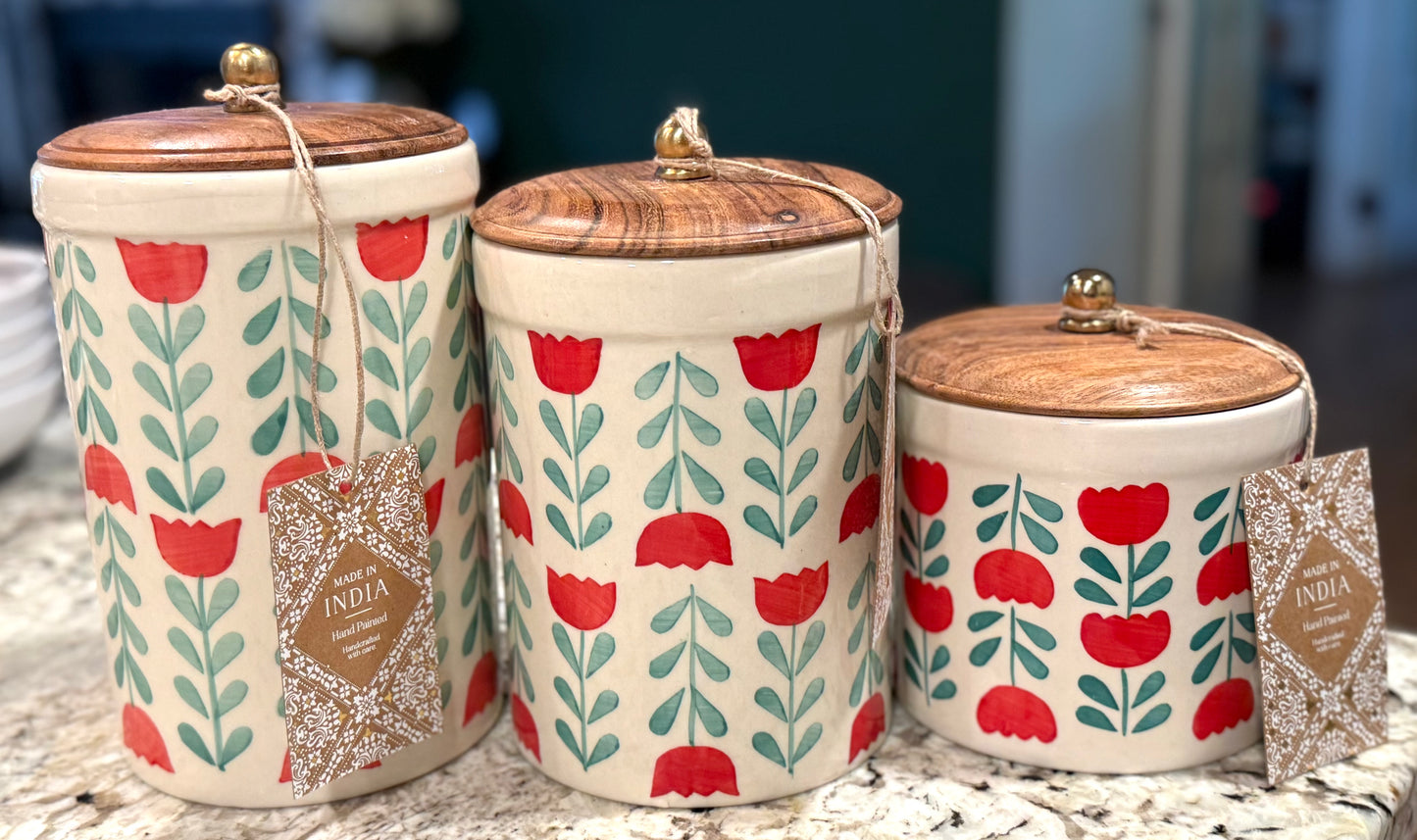 New Made in India 3-piece floral print ceramic canister set 8.5, 7.5, 5.25”
