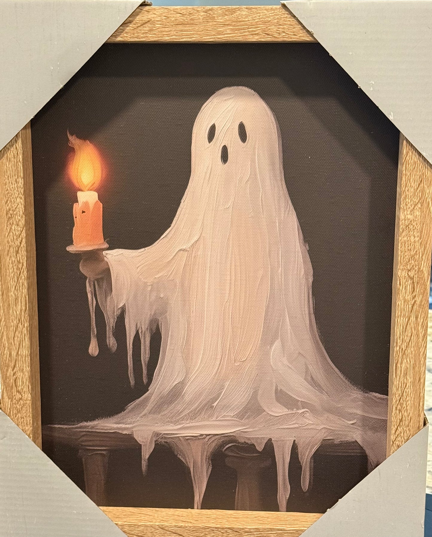 New wood framed ghost with candle Halloween picture wall decor 11x14