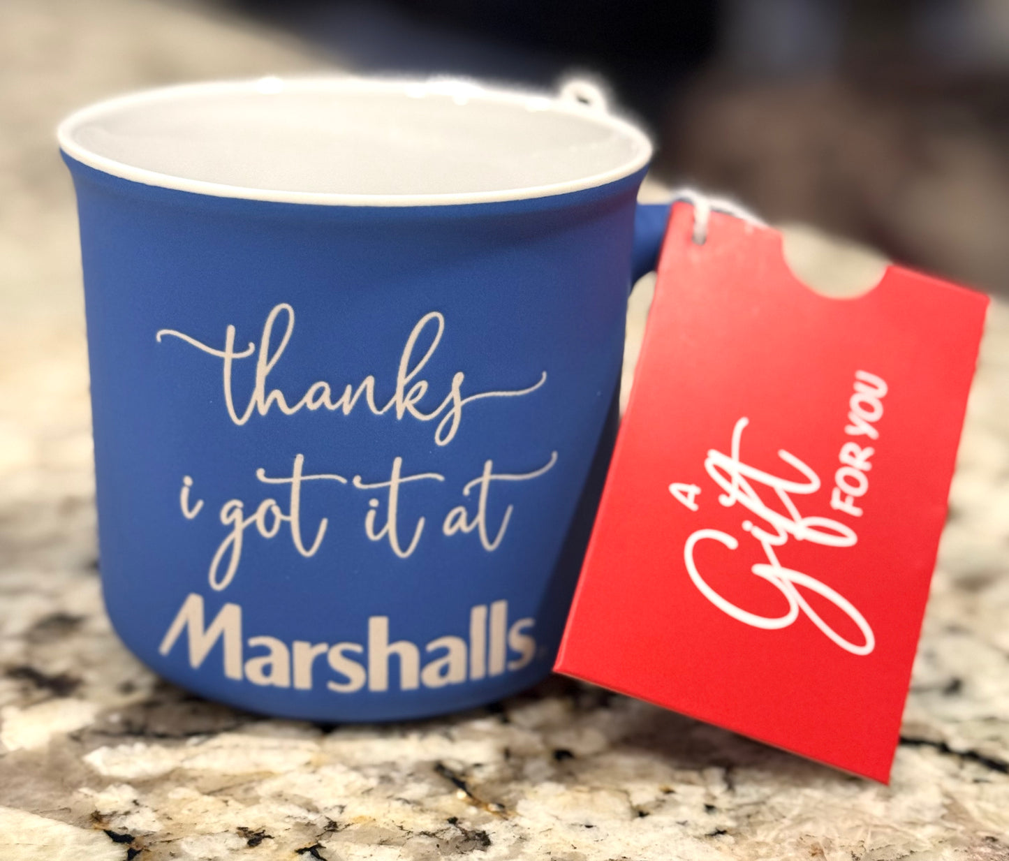 New blue ceramic coffee mug THANKS, I GOT IT AT MARSHALLS