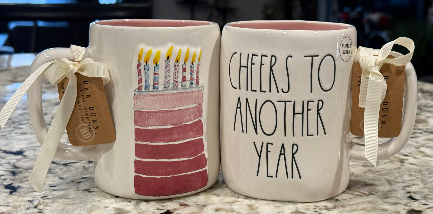 New Rae Dunn white ceramic coffee mug CHEERS TO ANOTHER YEAR birthday cake