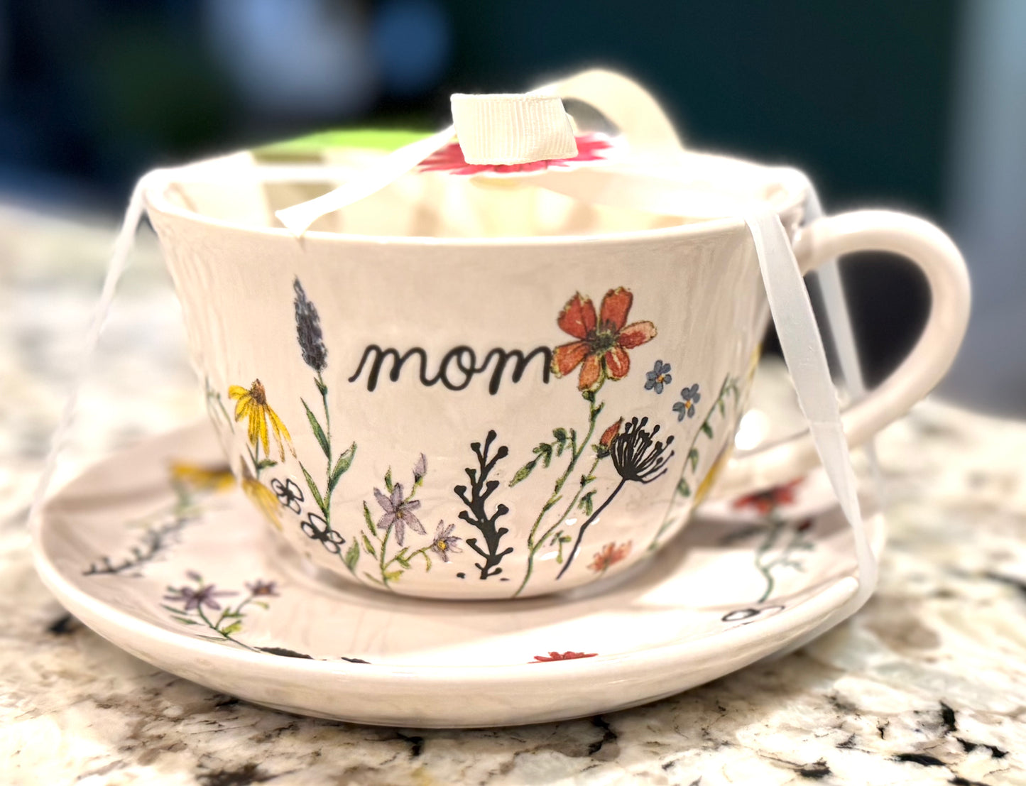 New Rae Dunn white floral ceramic teacup & saucer MOM