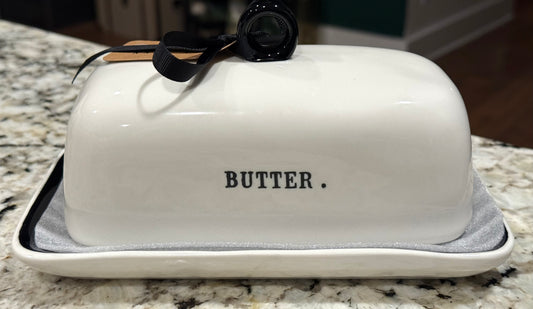 New Rae Dunn white & black ceramic BUTTER. storage dish Cow π on back