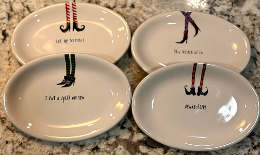 New Rae Dunn ceramic Halloween 4-piece ceramic oval plate set Witches Legs Collection