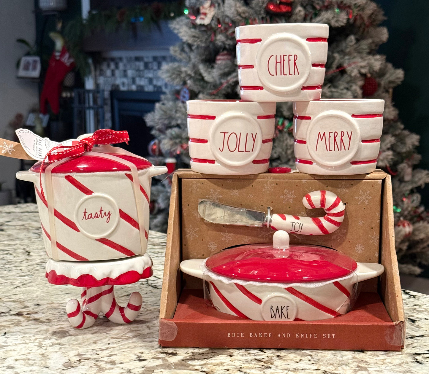 New Rae Dunn 6-piece ceramic red & white striped Christmas π€Άπ» baking gift set