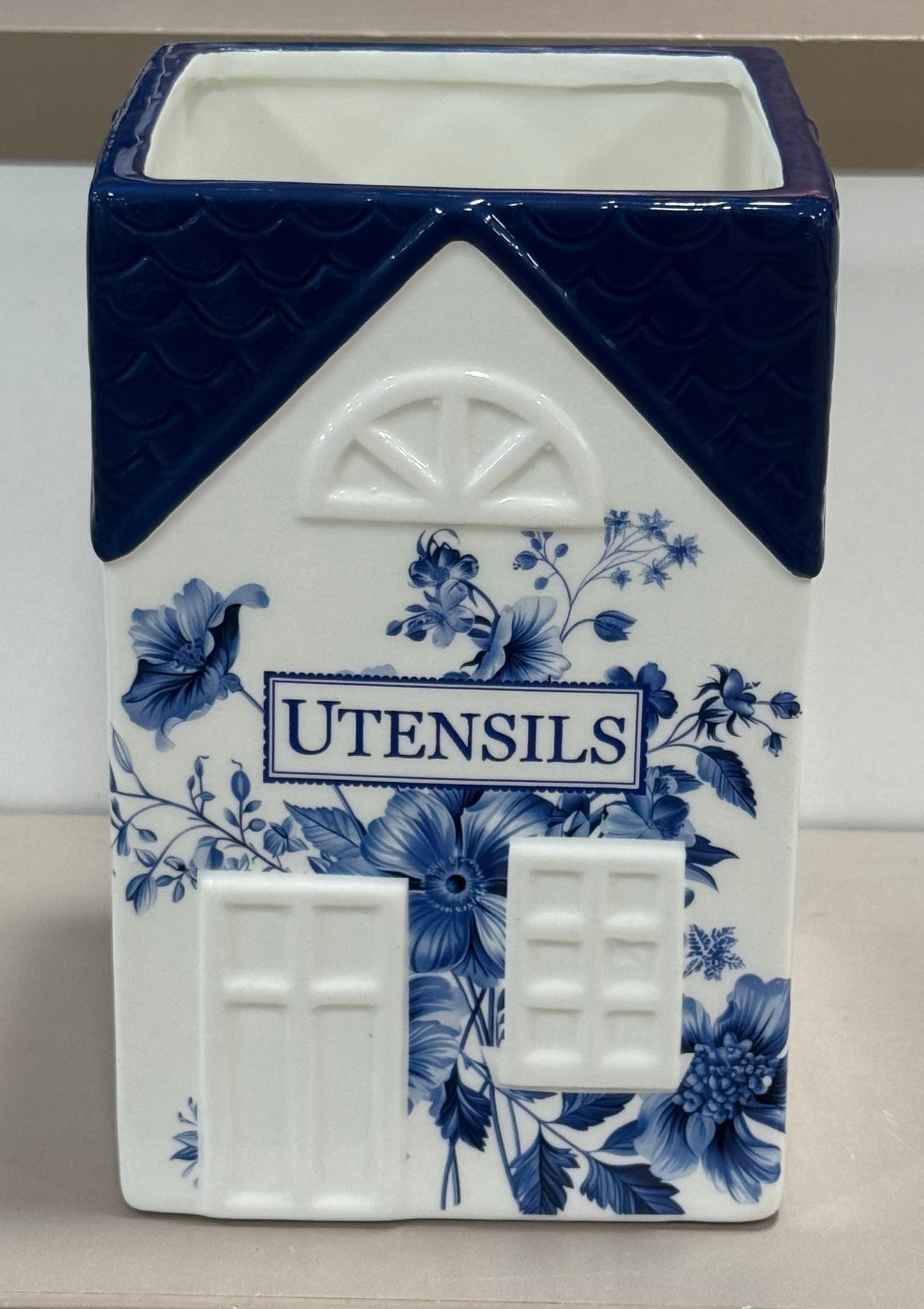 New blue and white ceramic Lennox like UTENSILS holder 8”