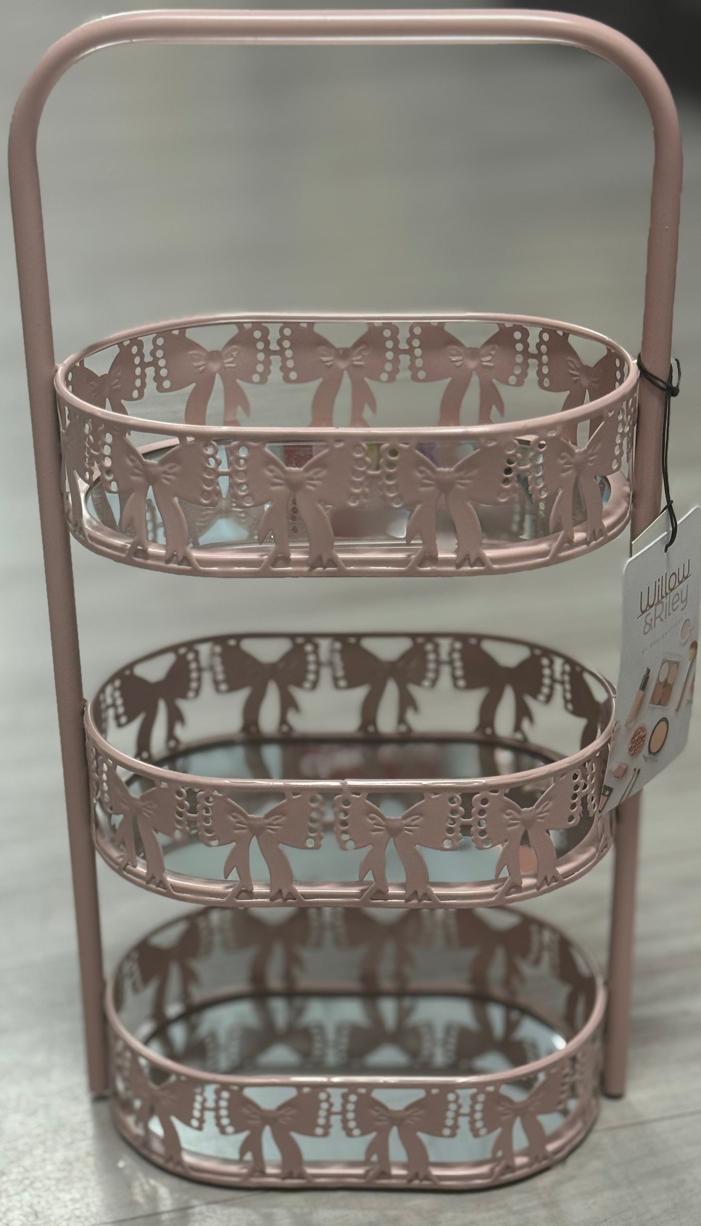 New Willow & Riley metal pink mirrored coquette trinket keepsake 3-tier stand