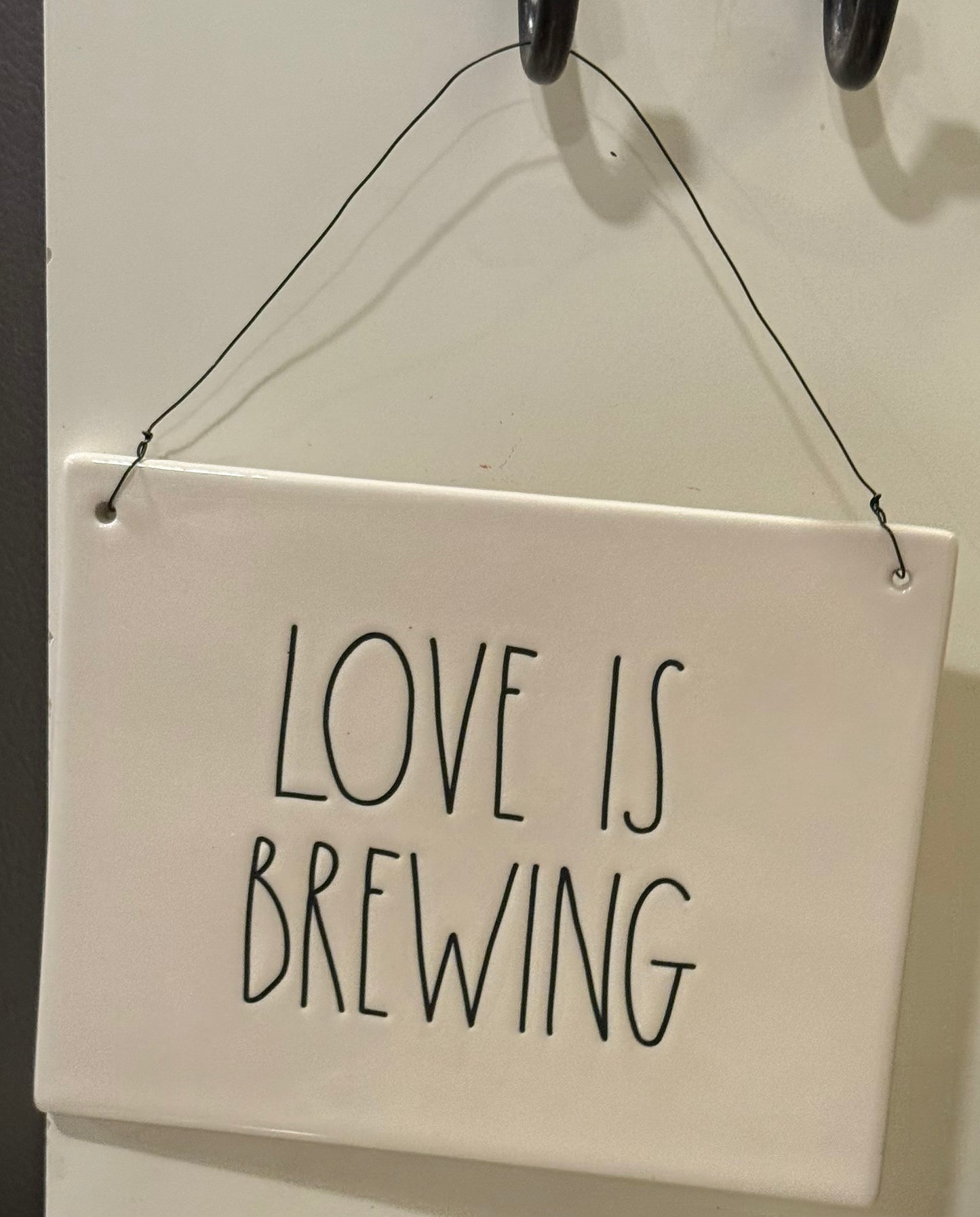 New Rae Dunn white ceramic hanging wall sign LOVE IS BREWING