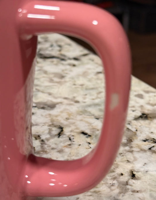 New Rae Dunn pink ceramic coffee mug FUR MAMA -glazing error in handle not chipped