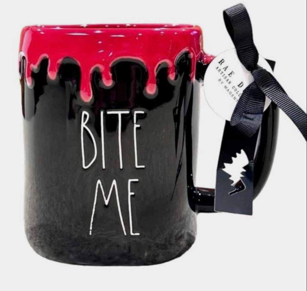 New Rae Dunn black ceramic red drip coffee mug BITE ME